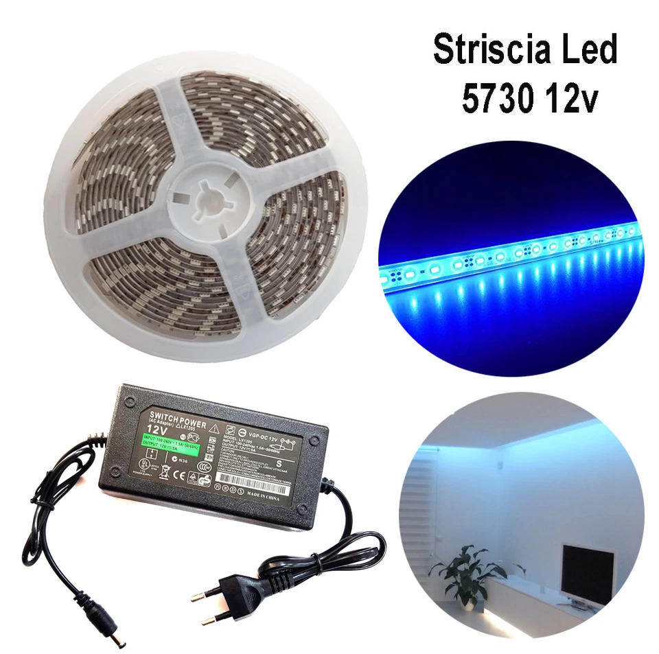 STRISCIA STRIP LED 5730 5M ADESIVA LUCE IP65 ALIMENTATORE 12V 5A BLU 12W/M - Immagine 1 di 1