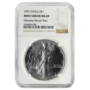 1991 $1 1-oz American Silver Eagle NGC MS69 Mint Error Obverse Strike Thru - Picture 1 of 2