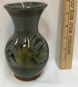 Mexican Pottery Vase Gray Bird w/ Plant Leaf Handmade Bud Floral Flower 5.75" - Picture 1 of 8