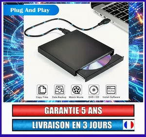 Lecteur CD DVD Externe USB, Graveur Slim Portable PC/Mac, Plug & Play, Rapide - Imagen 1 de 9