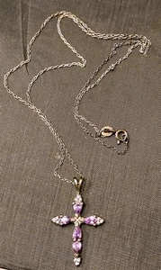 RJ STERLING SILVER AMETHYST CZ CROSS PENDANT w/chain - Picture 1 of 9