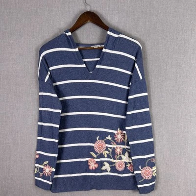 J. Jill Sweater Women’s X-Small Blue Striped Floral Embroidered Hooded Casual - Image 1 of 4