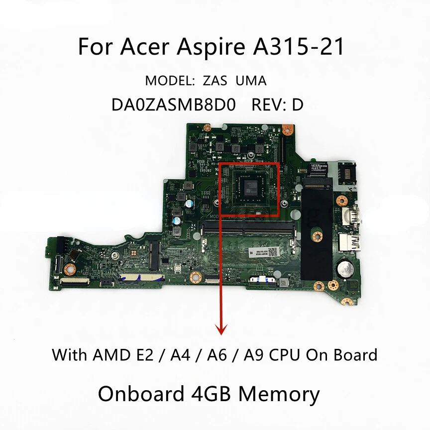 For Acer Aspire A315-21 Motherboard DA0ZASMB8D0 E2-9000 A6-9220 A9-9420 4GB-RAM - Image 1 of 2
