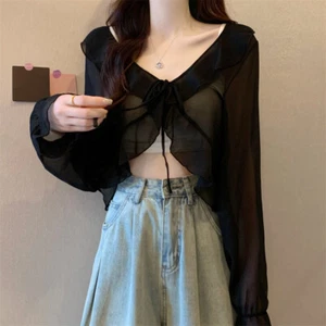 Damen Rüschen Chiffon Bluse Cropped Schal Shirt Schnürung Cardigan dünn süß süß - Bild 1 von 18