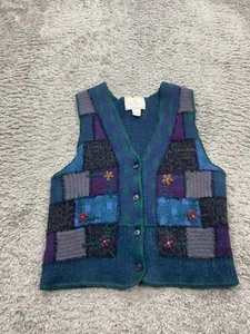 Vtg Express Tricot Sweater Women Small Wool Floral Patchwork Artsy Cardigan Vest - Picture 1 of 8