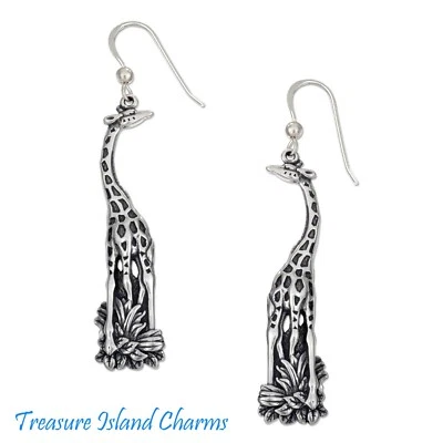 Long Giraffe 925 Sterling Silver French Wire Hook Dangle Earrings 1.75" - Image 1 of 3