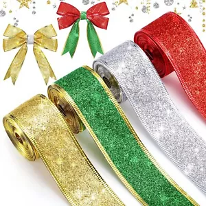 4 Rolls 24 Yard Glitter Wired Edge Ribbons 1.5 Inch Christmas Wrapping Ribbon... - Picture 1 of 7