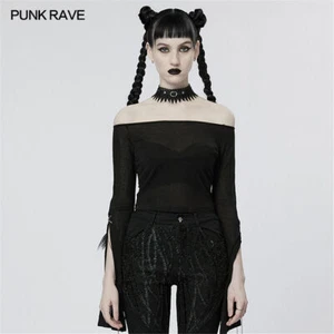 Punk Rave Women Black Gothic Off-the-shoulder Long Slit Sleeve With Metal Chains - Picture 1 of 17