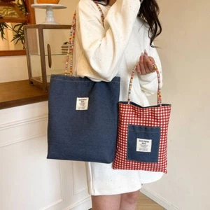 Cloth Double Sided Plaid Canvas Bag Messenger Bag Denim Shoulder Bag Handbag - Picture 1 of 14