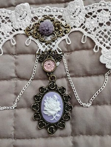 Gothic Choker Necklace,Jewery, Handmade WHITE,Lace,Cameo Rose,Pink stone 14" #6 - Picture 1 of 7