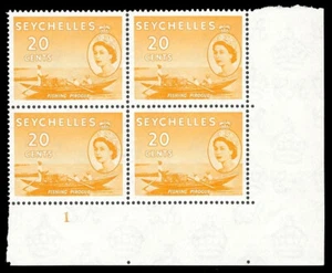 Seychelles 1954 QEII 20c orange-yellow plate 1 block of four superb MNH. SG 179. - Picture 1 of 1