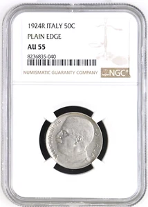 Italy Vittorio Emanuele III 50 Centesimi 1924-R Plain Edge AU55 NGC Key Date! - Picture 1 of 4