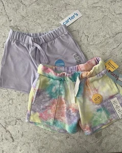 Carter's / Cat & Jack Set 2 Pair Toddler Girls Shorts Purple & Pastel Tie-Dye 5T - Picture 1 of 11