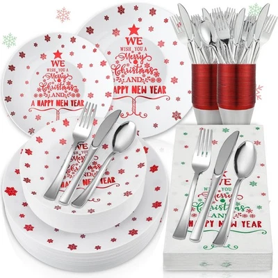 Juego de vajilla de plástico navideño 240 piezas para 30 invitados - Platos desechables, C... Foto 1 de 4
