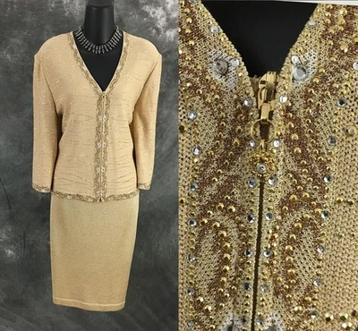 BEAUTIFUL St John evening knit gold shimmer multi rhinestones skirt suit 10 12 - Image 1 of 4