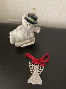 2 Lenox Ornaments! Large Ceramic Lenox Snowman Sledding and a Silver Lenox Angel - Picture 1 of 7