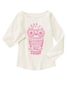 Gymboree Girl Kid Tee Shirt Top 5 Owl White Pink 3D Feather Applique Long Sleeve - Picture 1 of 5