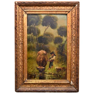 Pintura, óleo sobre tabla 1885 - F. Ballester - Niño con buey, escuela española - Imagen 1 de 10