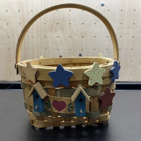 Patriotic Stars Hearts Birdhouse Vintage Round Basket Cover