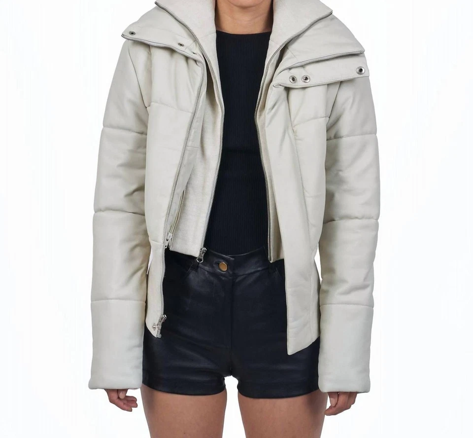 Giacca Lusso Cropped Leather Puffer Jacket Off White - Image 1 of 1