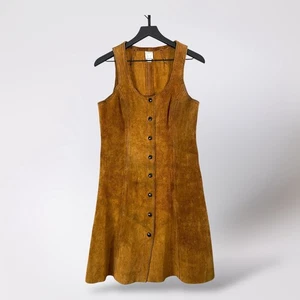Vintage Suede Dress 11/12 Genuine Leather Brown Button Front Sleeveless 70s - Picture 1 of 12