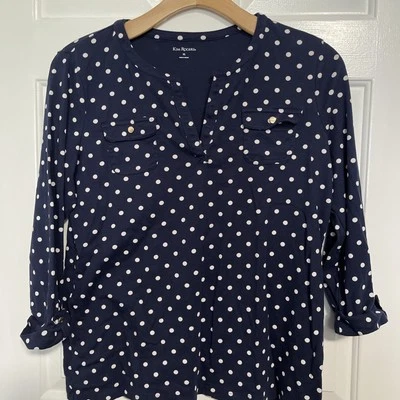 Женский топ Kim Rogers синий в горошек XL хлопок рукав 3/4 V-образный вырез классический - Изображение 1 из 4