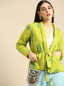 Women Jacket - Green & Blue Floral Printed Quilted Clearance SALE Jacket - Picture 1 of 8