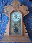 Antique 1890's E. Ingraham Wooden Gingerbread Mantle Clock Alarm - RUNS & CHIMES