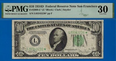 1934D $10 Federal Reserve Note PMG 30 San Francisco star Fr 2009-L - Image 1 of 2