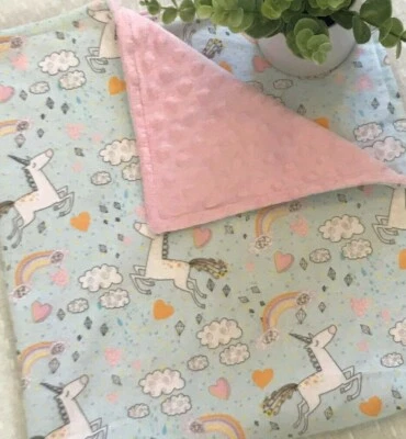 Baby Gift Blanket Unicorn Rainbow Minky PINK Minkee Girl Shower Present Handmade - Image 1 of 4