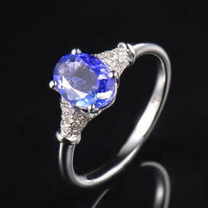 Natural Diamond Oval Blue Tanzanite Engagement Women Ring Solid 14K White Gold