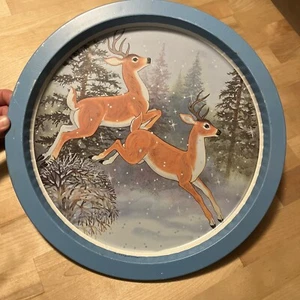 Vintage Metal Tray Wintertime Deer Reindeer Country Style Decorative 13 In CUTE! - Picture 1 of 6