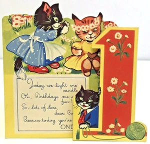 Vintage Birthday Card Anthropomorphic Cats Kittens Die Cut England 1940s-1950s - Picture 1 of 3
