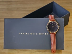 DW Daniel Wellington Petite Watch 28mm Gold Case Black Dial Brown Leather Strap - Picture 1 of 6