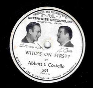 "Like New" ABBOTT & COSTELLO 78 RPM "Who's On First?" ENTERPRISE 501 M- Cond. - Picture 1 of 7