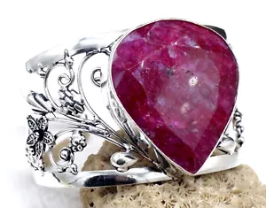 925 Sterling Silver Pink Ruby Gemstone Handmade Jewelry Cuff Bracelet Size-ADJ - Picture 1 of 7