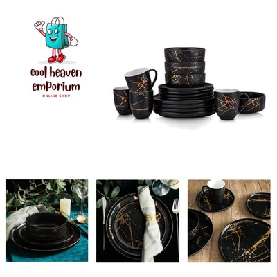 Juego de vajilla de porcelana de 16 piezas, 4 juegos completos de salpicaduras de oro negro Foto 1 de 4