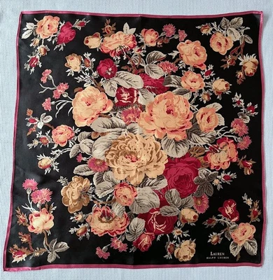 RALPH LAUREN 复古花卉花束玫瑰黑色丝绸围巾 21 英寸方形很好! — 第 1/4 张图片