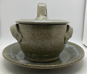 Artisan Signed Studio Pottery Lidded Bowl and Saucer Stoneware Green Signed JLS - Picture 1 of 6