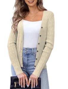 Women's Long Sleeve Knit V-Neck Casual Sweater Button Down Hollow Out Cropped... - Picture 1 of 4