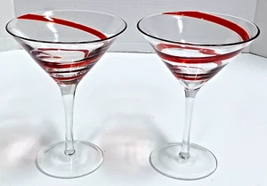 Pier 1 Red Swirl Swirline Martini Cosmo Glasses 6 3/4" Set of 2 - Picture 1 of 2