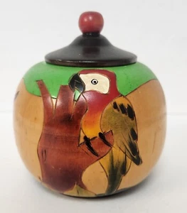 "Caja baratija de madera vintage tucán arte popular tallada a mano y jadeada redonda 5"" con tapa" - Imagen 1 de 7