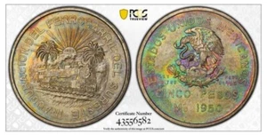 1950 5P Mexico Silver  MS 63 Pcgs  Southeastern Railroad | Ferrocarril Beatiful  - Picture 1 of 5