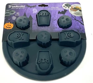 Trudeau Halloween Tomb & Skulls Mini Treat Cake Pan Silicone 9" Round NEW - Picture 1 of 2