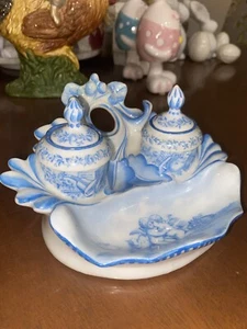 Antique Porcelain Double Inkwell Possibly Dresden? Blue White Cherubs 6”x3” - Picture 1 of 11