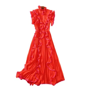 Spring Women Solid Color Slim-fit Dress V-neck Ruffled Cuffs Pleated Swing Skirt - Picture 1 of 16