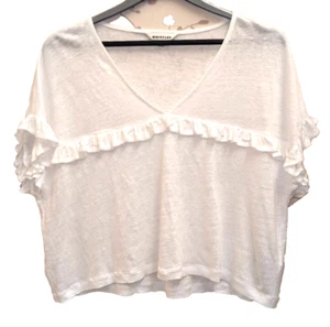 Whistles White 100% Linen Relaxed Frill / Ruffle T-Shirt Top Size small v neck - Picture 1 of 7