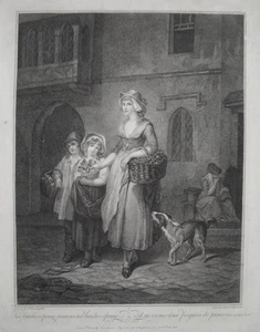 Blumenverkäuferin Blumen Blumenhandel Hund Jungfrau dekorativer Kupferstich 1801 - Picture 1 of 2