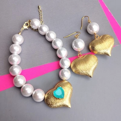 Juego de aretes pulsera de cuarzo verde corazón cepillado perla concha de mar blanco Foto 1 de 4