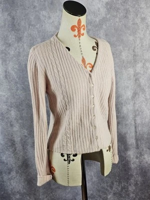 复古 限量作物开衫毛衣 女式 M 粉色电缆 针织羊羔毛 安哥拉 阅读 — 第 1/4 张图片